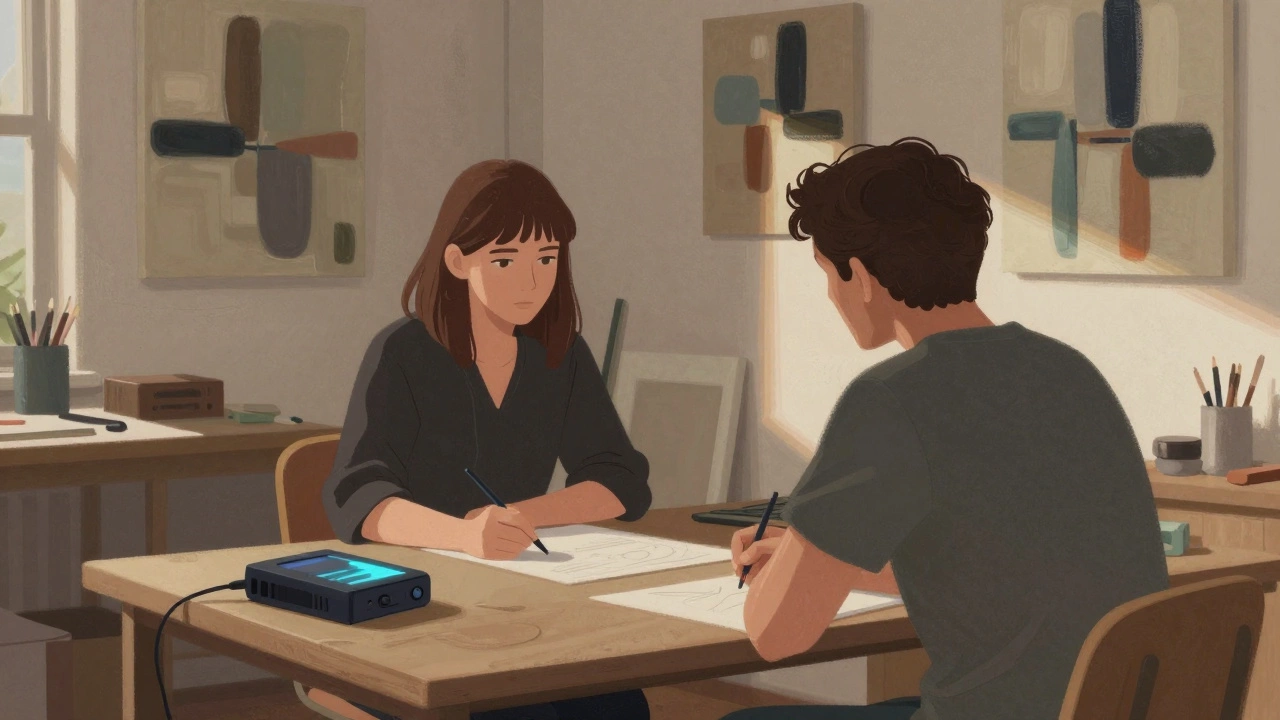 Tess Devèze communicates through eye gaze in a quiet studio filled with her artwork.